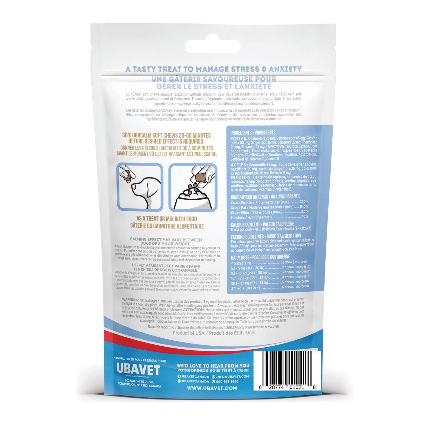 Ubacalm Bocadillos Suaves Calmantes y Antiestrés para Perros